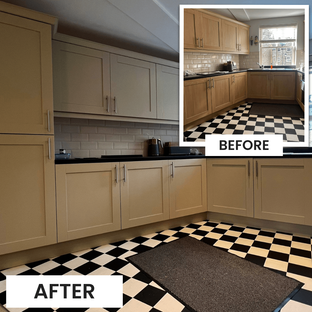 Painter working on kitchen respray project in Newcastle home