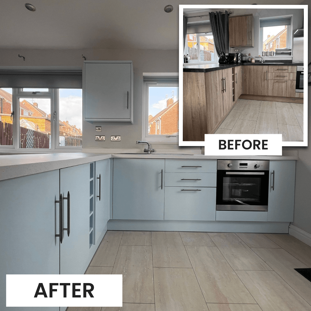 Painted kitchen cabinets with matt grey finish in Newcastle home