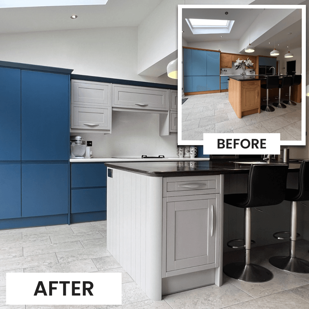 Kitchen respray transformation showing painting in progress in Sunderland